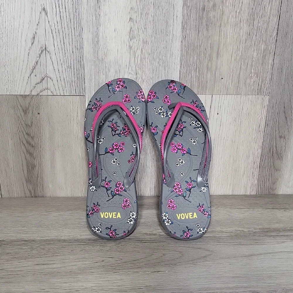 Vovea Womens 39 Floral Flip Flop Sandals Double Strap Grey Pink Cushioned‎